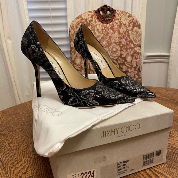 Worn once - Jimmy Choo Love 100 mm Heels Brocade in Black/Steel- Size 38 - Picture 1 of 10